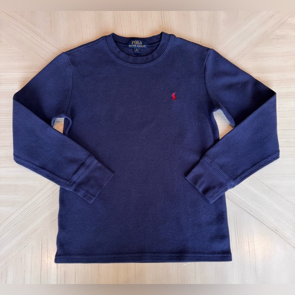 👕Ralph Lauren Polo👕 Boys Waffle-Knit Long-Sleeve Tee – Navy - Sz Medium (10–12) - Picture 7 of 13